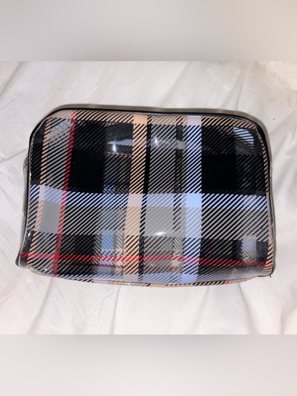 Vera Bradley Glossy Plaid Cosmetic Pouch in Black, Beige, Light Blue and Red